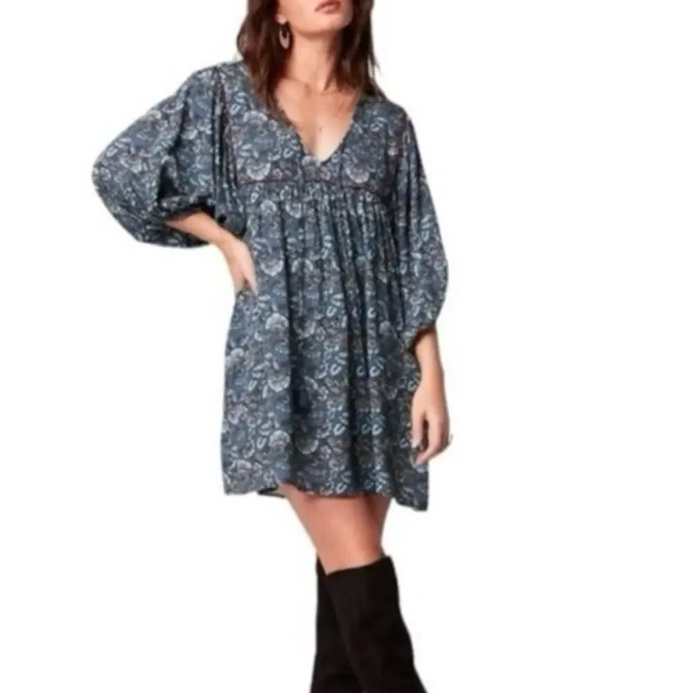 Band of the Free puff sleeve pocket short mini dress Aqua Teal floral BOG Small - Picture 1 of 16